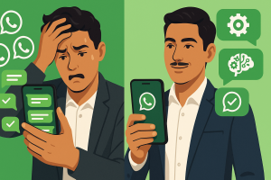 Automatización WhatsApp Business eficiente - smartphone con chatbot IA respondiendo automáticamente mensajes de clientes las 24 horas